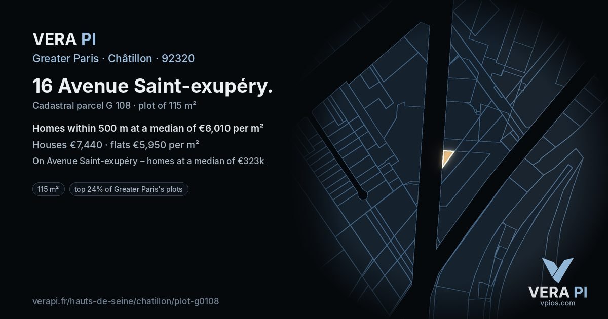 16 Avenue Saint-exupéry, Châtillon at night – the plot lit, the parcels around coloured by the prices near them