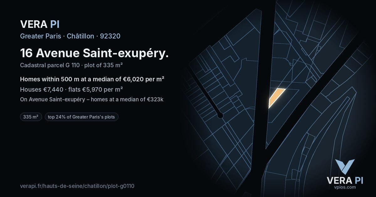 16 Avenue Saint-exupéry, Châtillon at night – the plot lit, the parcels around coloured by the prices near them
