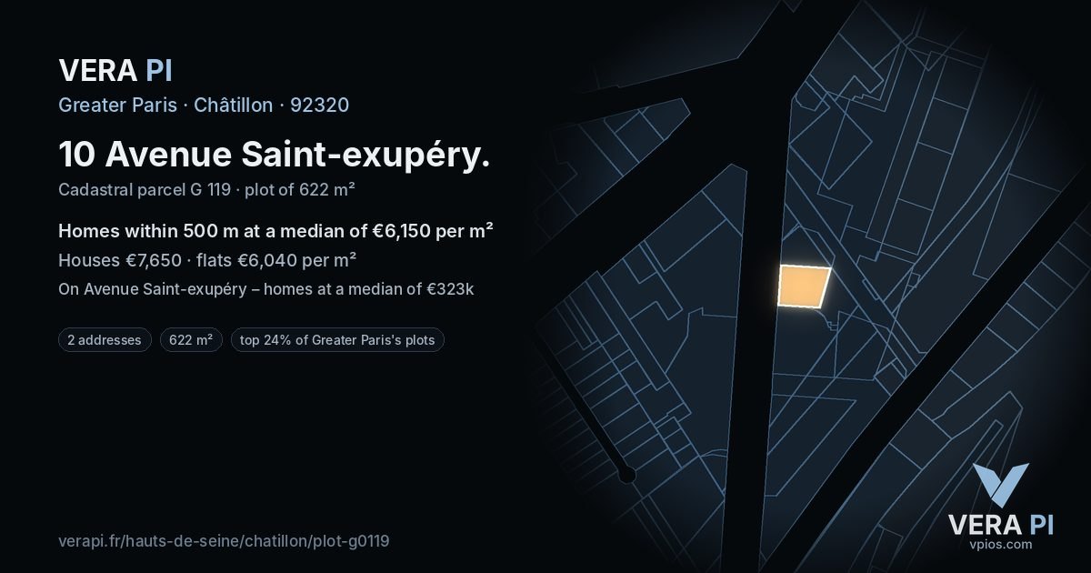 10 Avenue Saint-exupéry, Châtillon at night – the plot lit, the parcels around coloured by the prices near them