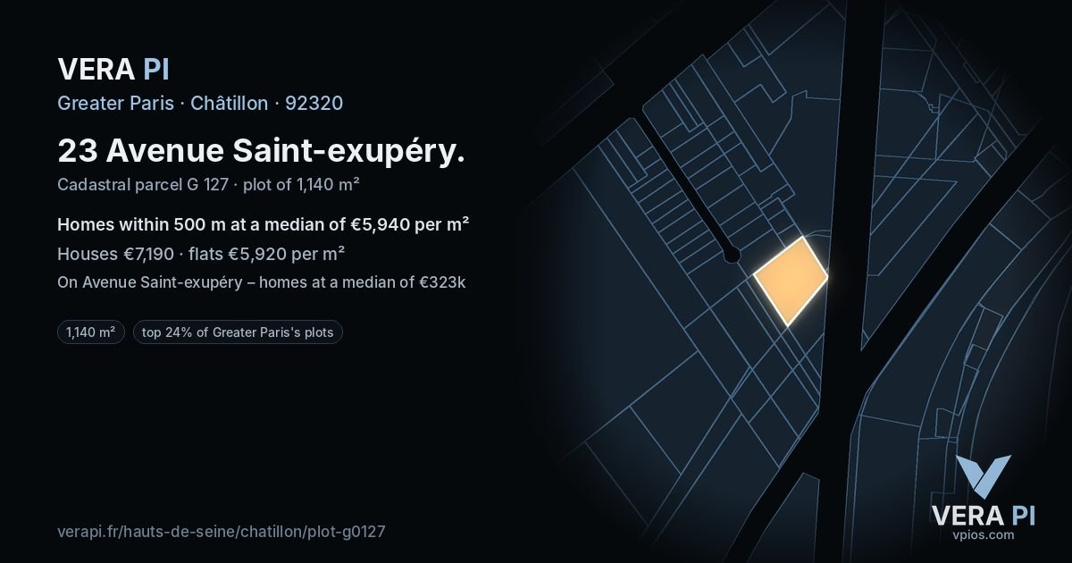 23 Avenue Saint-exupéry, Châtillon at night – the plot lit, the parcels around coloured by the prices near them