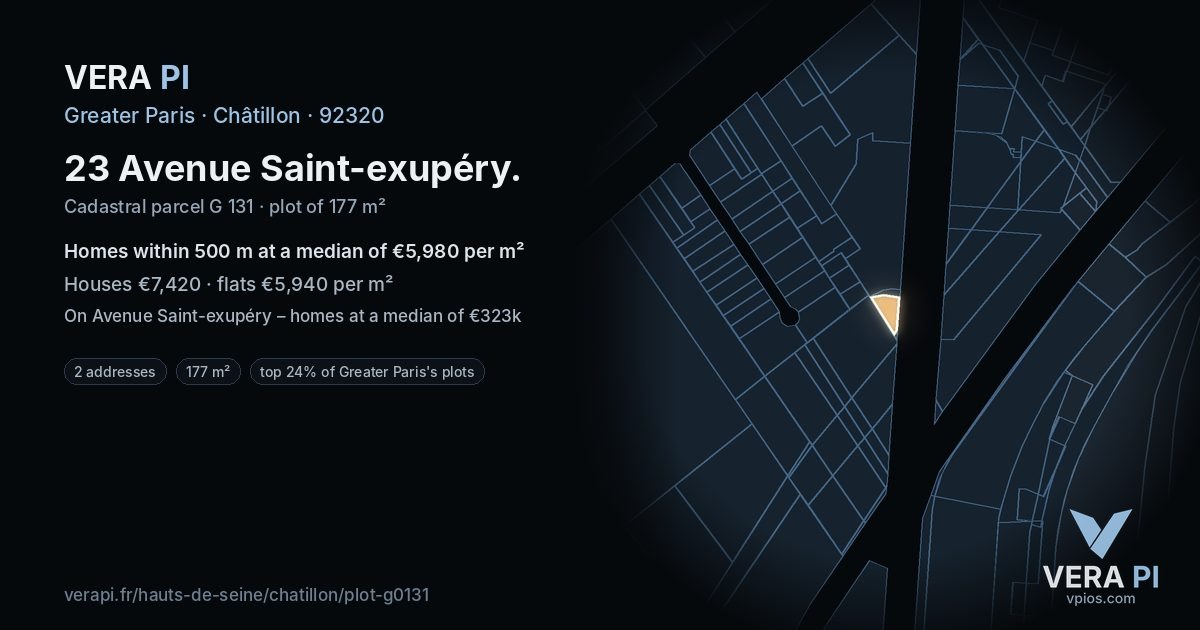 23 Avenue Saint-exupéry, Châtillon at night – the plot lit, the parcels around coloured by the prices near them