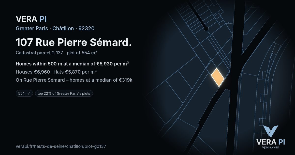 107 Rue Pierre Sémard, Châtillon at night – the plot lit, the parcels around coloured by the prices near them