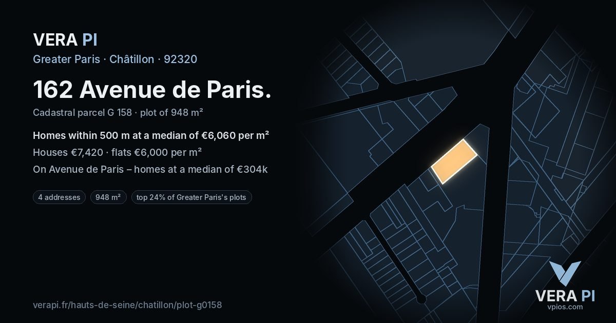 162 Avenue de Paris, Châtillon at night – the plot lit, the parcels around coloured by the prices near them