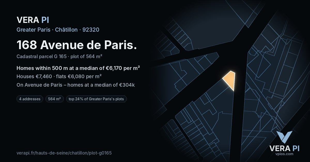 168 Avenue de Paris, Châtillon at night – the plot lit, the parcels around coloured by the prices near them