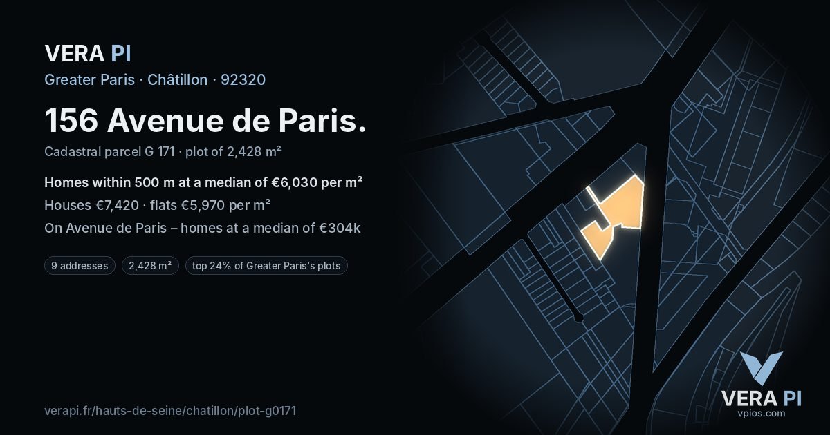 156 Avenue de Paris, Châtillon at night – the plot lit, the parcels around coloured by the prices near them