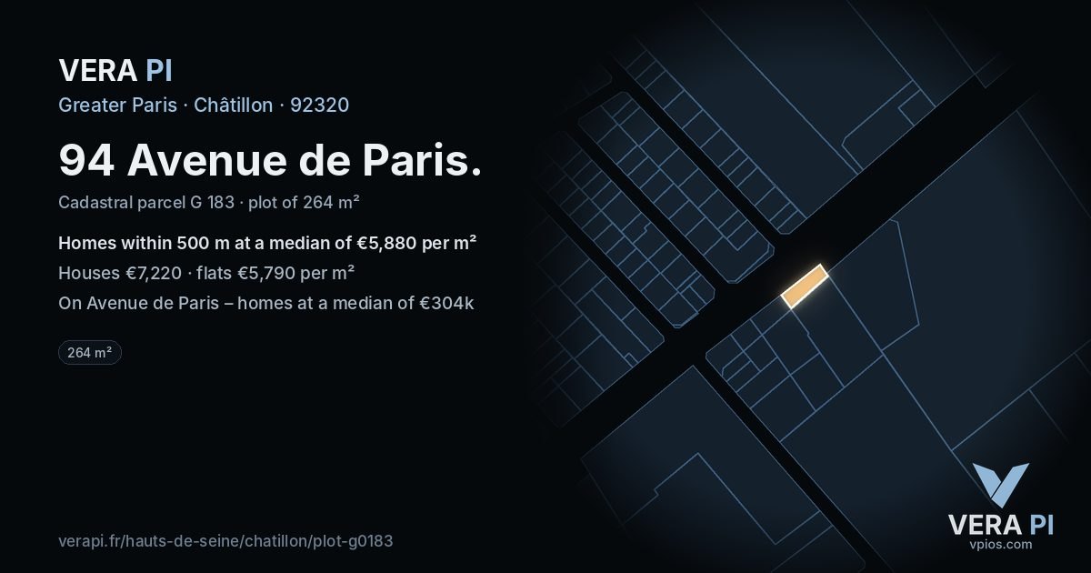 94 Avenue de Paris, Châtillon at night – the plot lit, the parcels around coloured by the prices near them