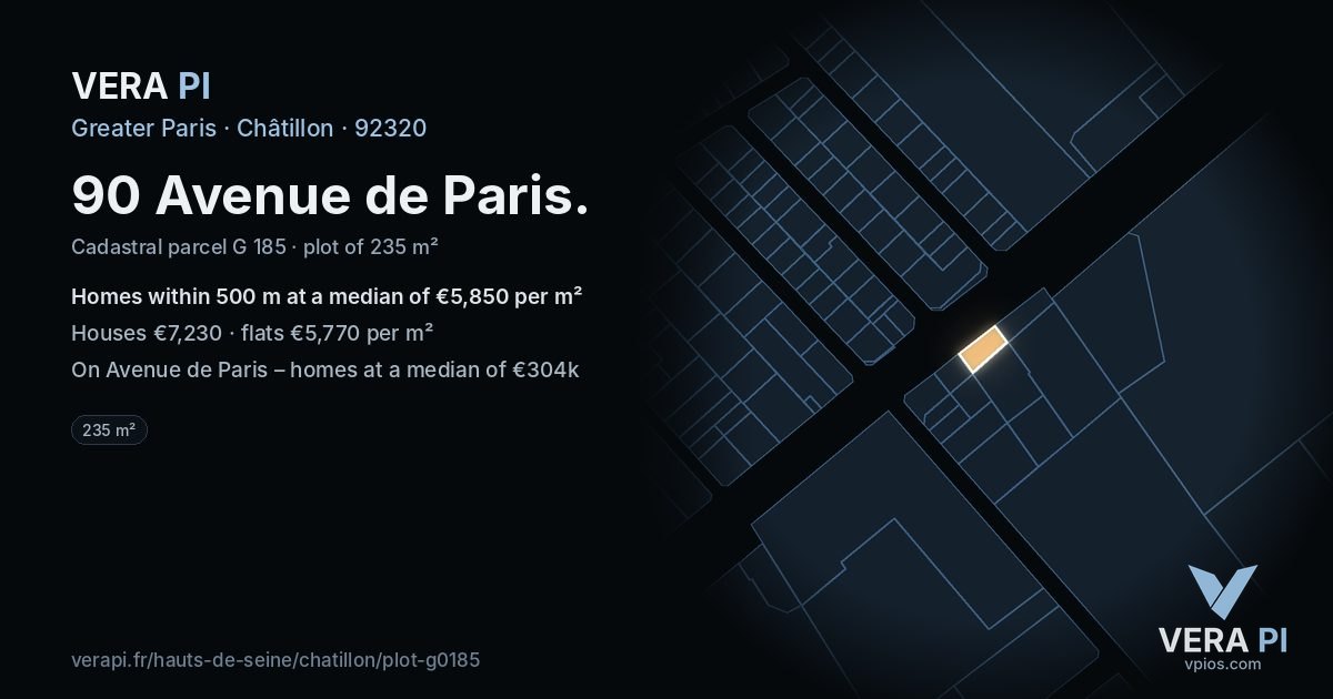 90 Avenue de Paris, Châtillon at night – the plot lit, the parcels around coloured by the prices near them
