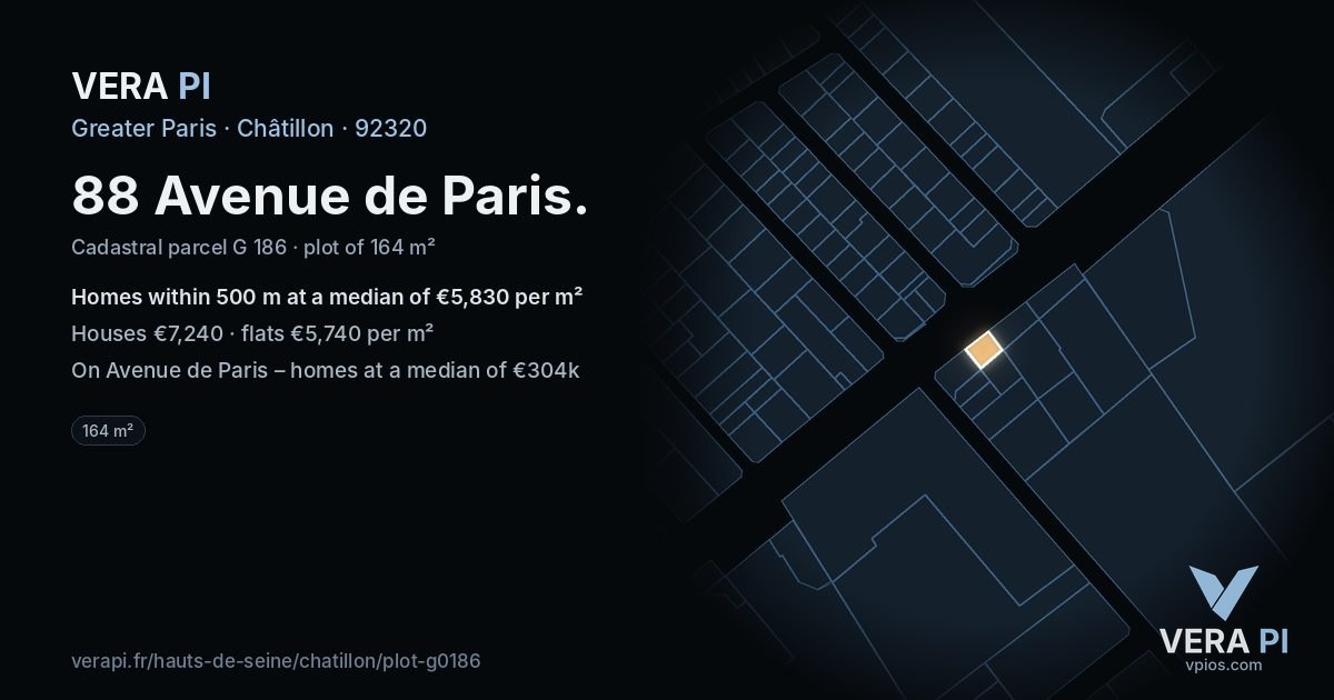 88 Avenue de Paris, Châtillon at night – the plot lit, the parcels around coloured by the prices near them