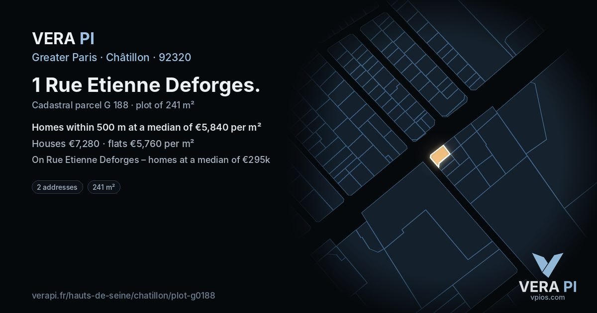 1 Rue Etienne Deforges, Châtillon at night – the plot lit, the parcels around coloured by the prices near them