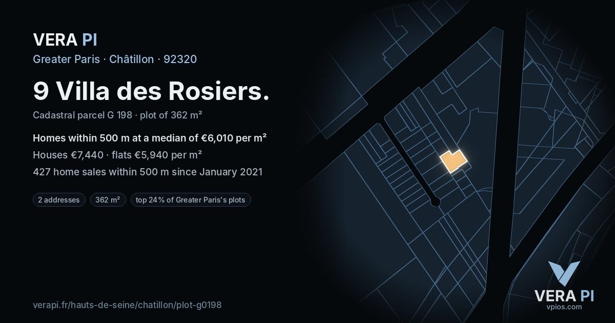 9 Villa des Rosiers, Châtillon at night – the plot lit, the parcels around coloured by the prices near them
