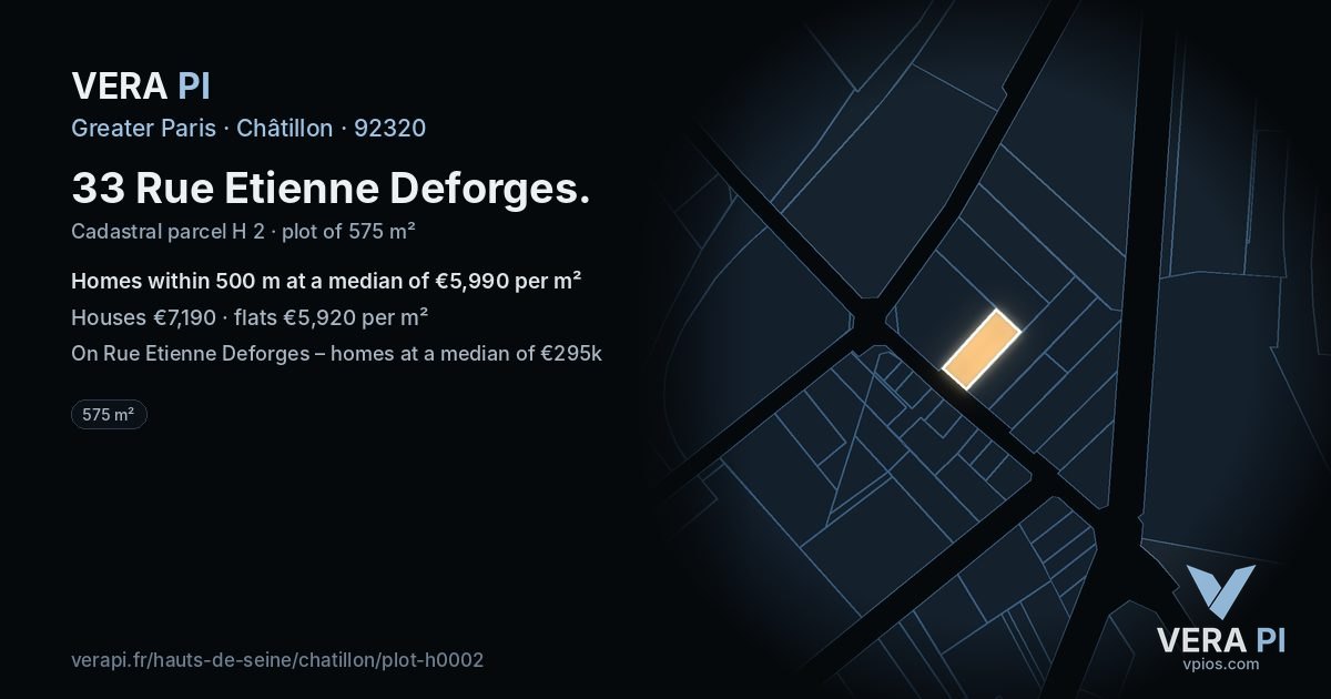 33 Rue Etienne Deforges, Châtillon at night – the plot lit, the parcels around coloured by the prices near them
