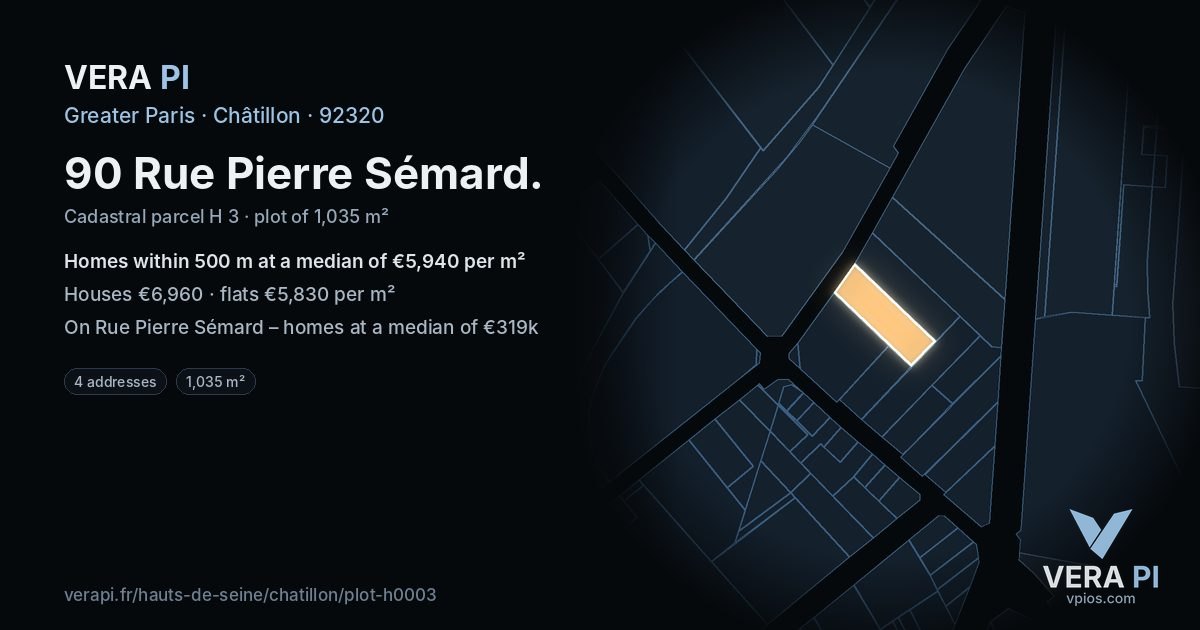 90 Rue Pierre Sémard, Châtillon at night – the plot lit, the parcels around coloured by the prices near them