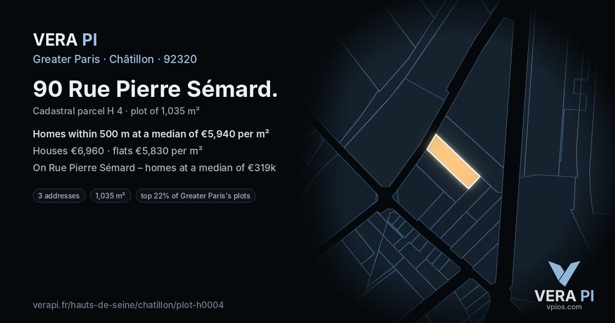 90 Rue Pierre Sémard, Châtillon at night – the plot lit, the parcels around coloured by the prices near them