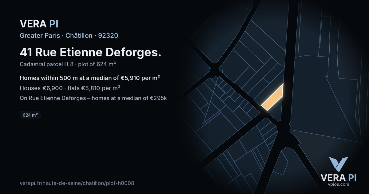 41 Rue Etienne Deforges, Châtillon at night – the plot lit, the parcels around coloured by the prices near them