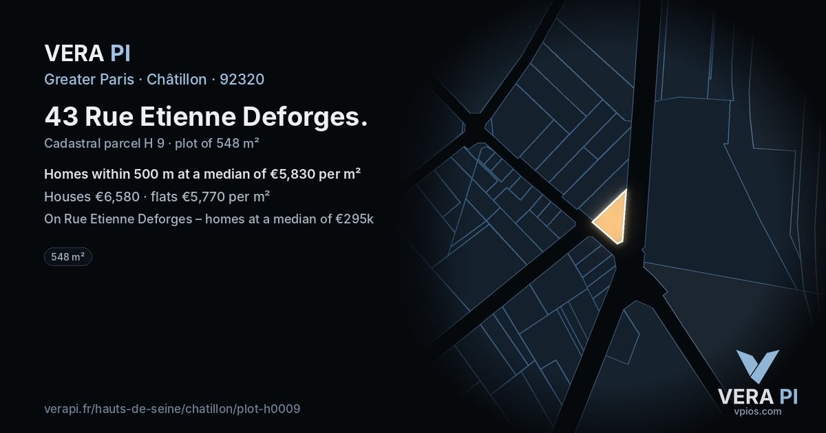 43 Rue Etienne Deforges, Châtillon at night – the plot lit, the parcels around coloured by the prices near them