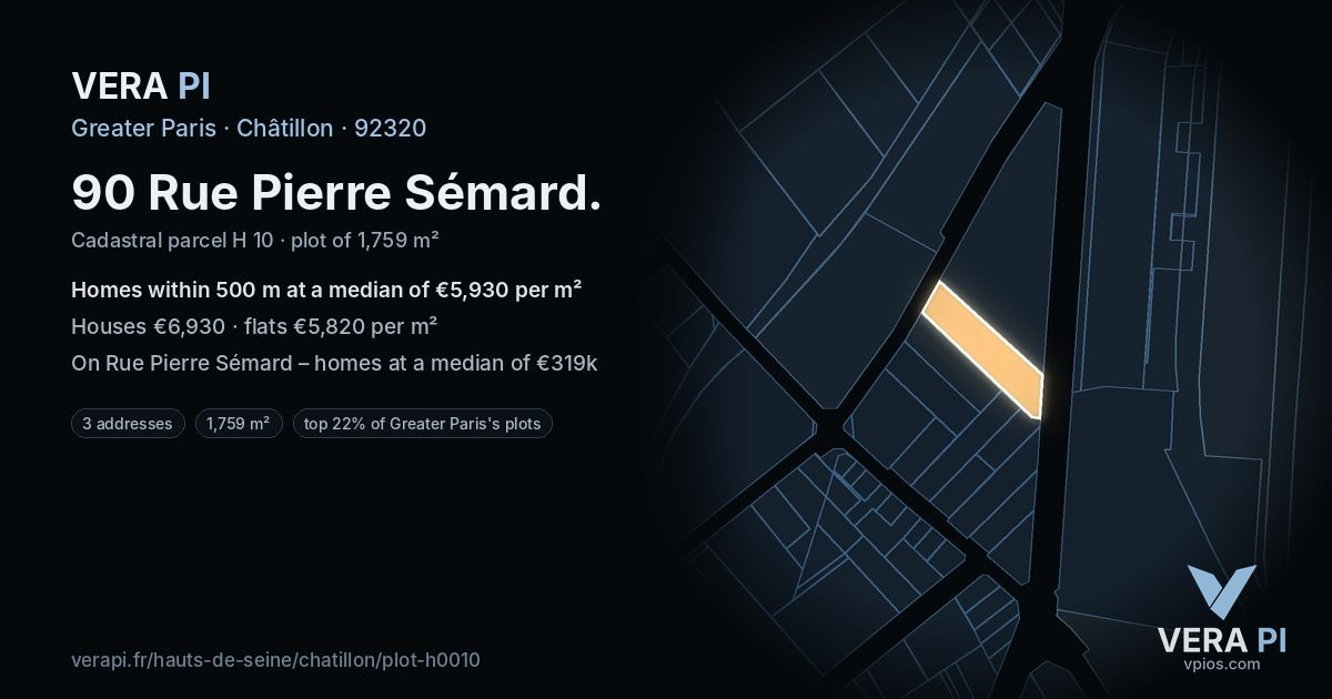 90 Rue Pierre Sémard, Châtillon at night – the plot lit, the parcels around coloured by the prices near them