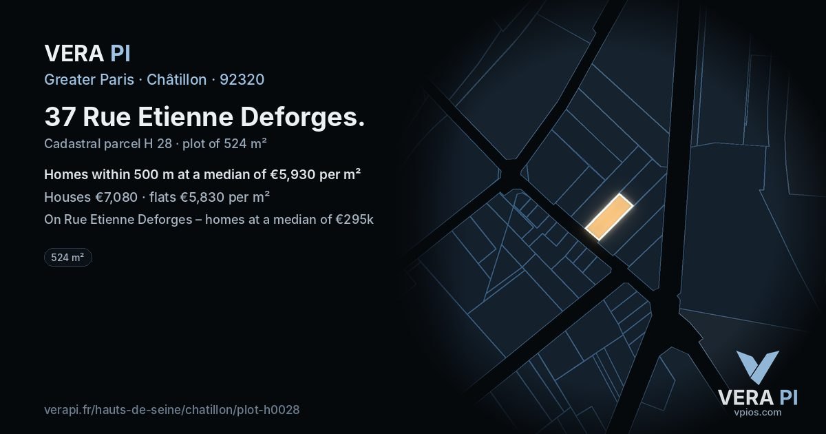 37 Rue Etienne Deforges, Châtillon at night – the plot lit, the parcels around coloured by the prices near them