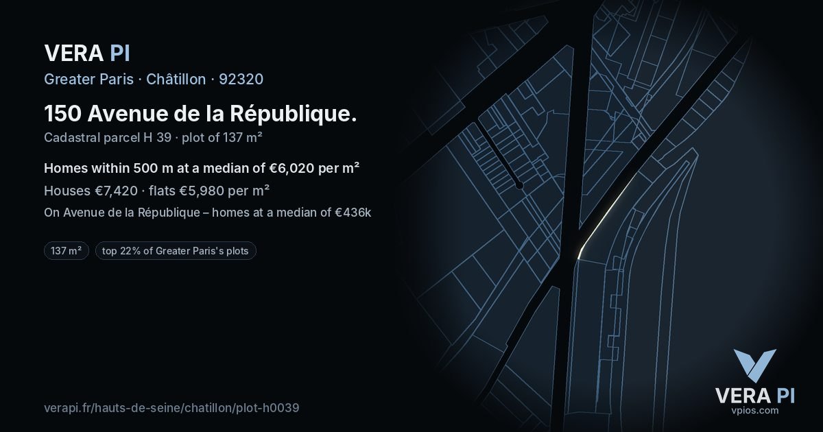 150 Avenue de la République, Châtillon at night – the plot lit, the parcels around coloured by the prices near them
