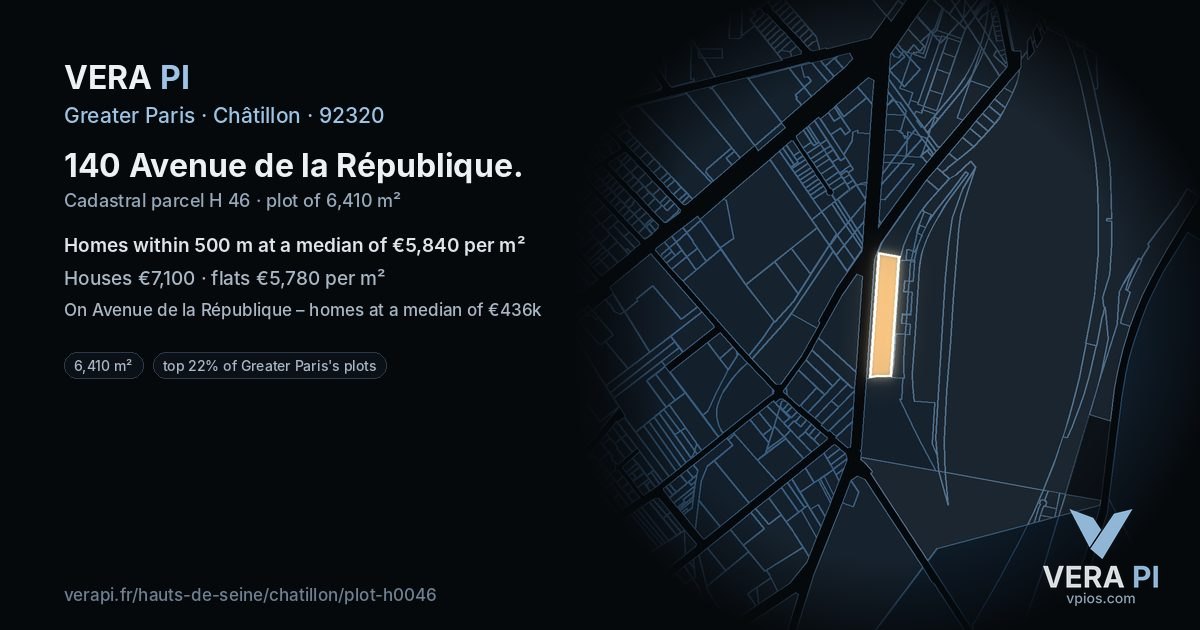 140 Avenue de la République, Châtillon at night – the plot lit, the parcels around coloured by the prices near them