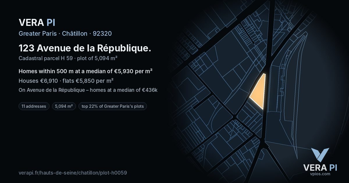 123 Avenue de la République, Châtillon at night – the plot lit, the parcels around coloured by the prices near them