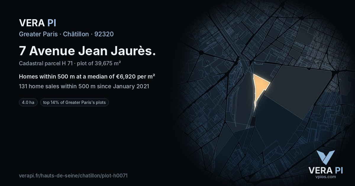 7 Avenue Jean Jaurès, Châtillon at night – the plot lit, the parcels around coloured by the prices near them