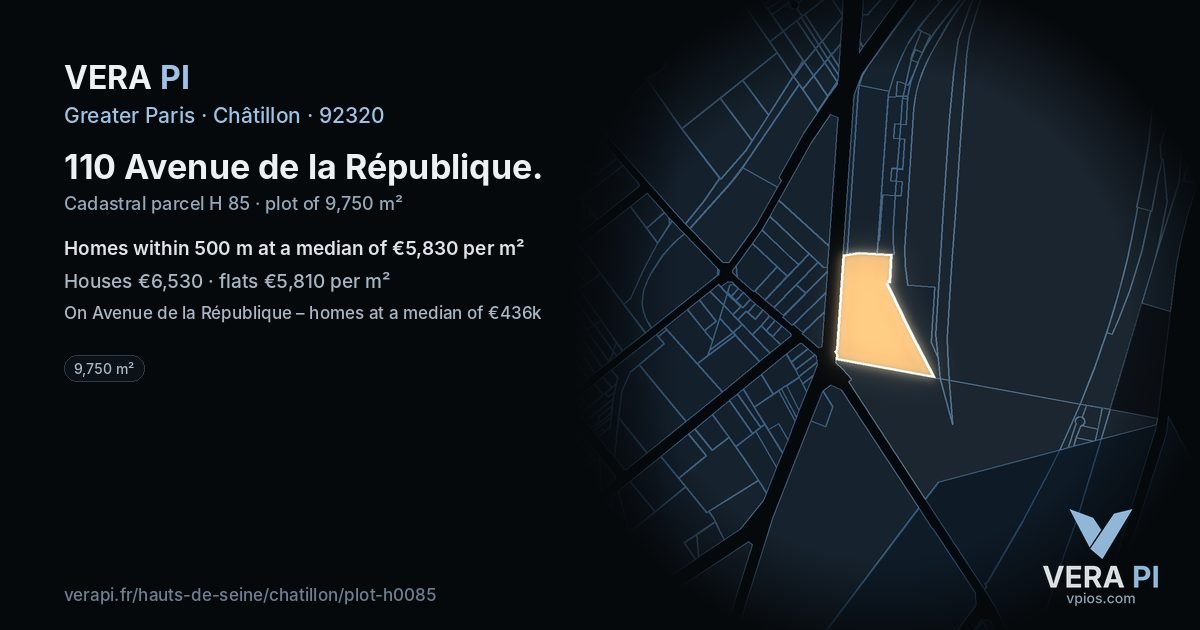 110 Avenue de la République, Châtillon at night – the plot lit, the parcels around coloured by the prices near them