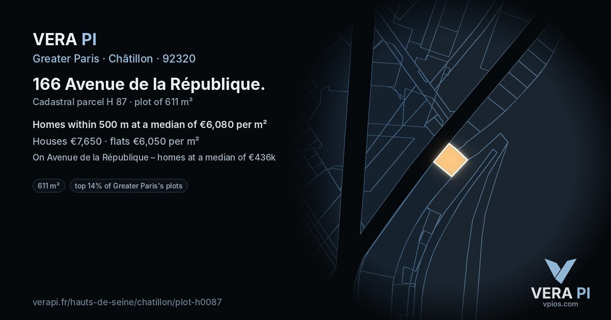 166 Avenue de la République, Châtillon at night – the plot lit, the parcels around coloured by the prices near them