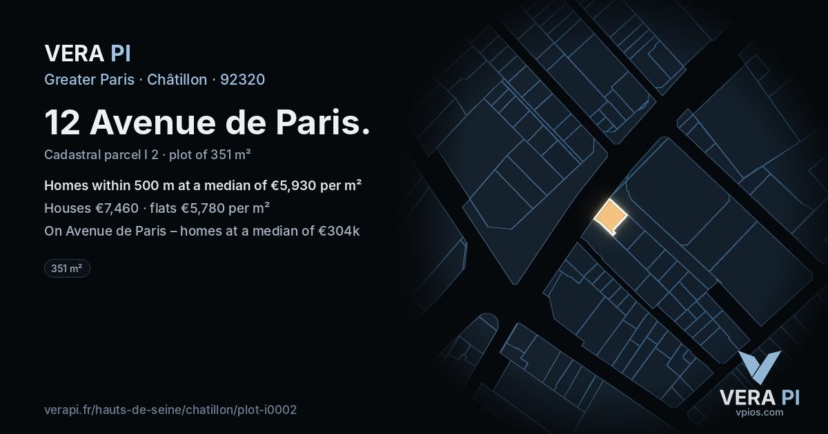12 Avenue de Paris, Châtillon at night – the plot lit, the parcels around coloured by the prices near them