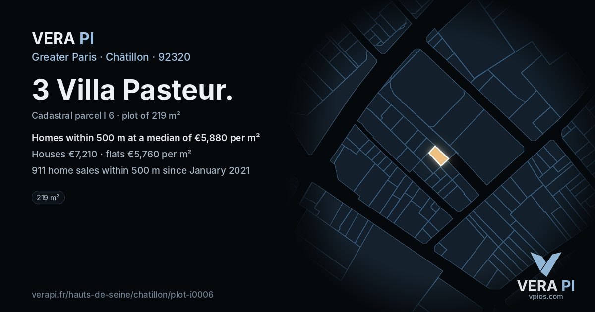 3 Villa Pasteur, Châtillon at night – the plot lit, the parcels around coloured by the prices near them