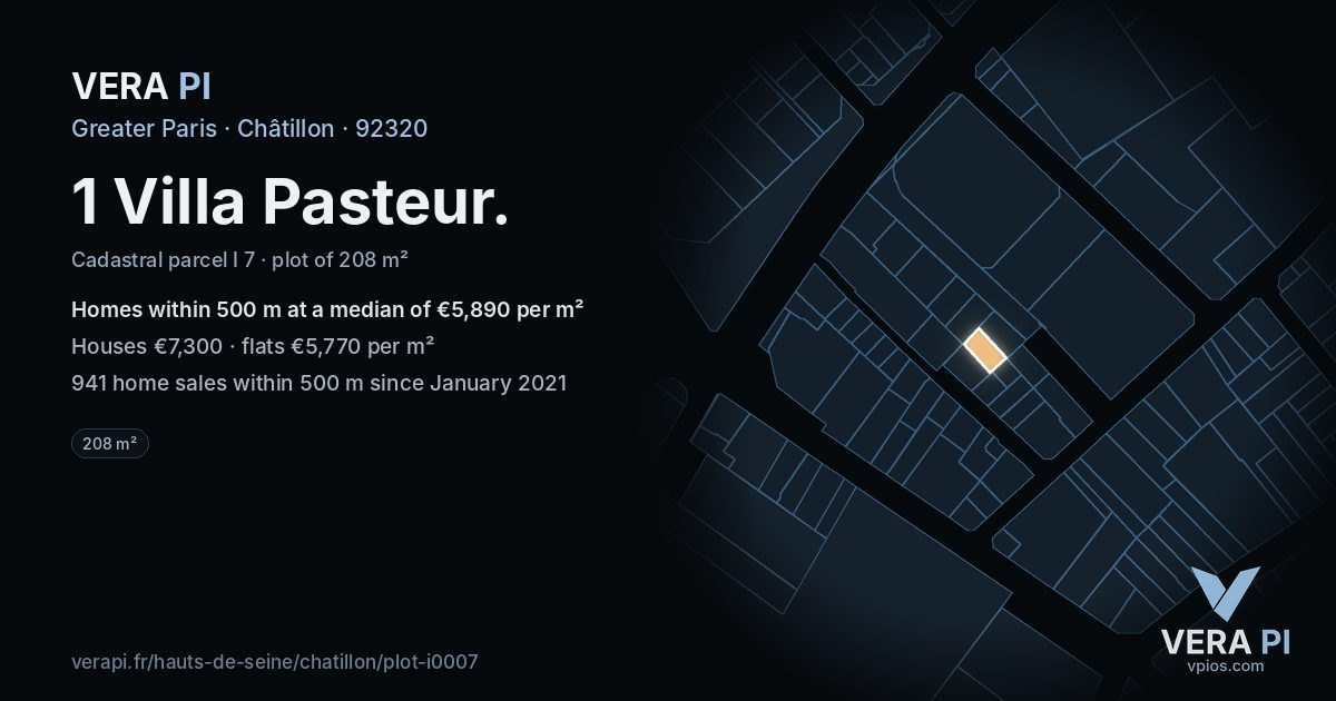 1 Villa Pasteur, Châtillon at night – the plot lit, the parcels around coloured by the prices near them