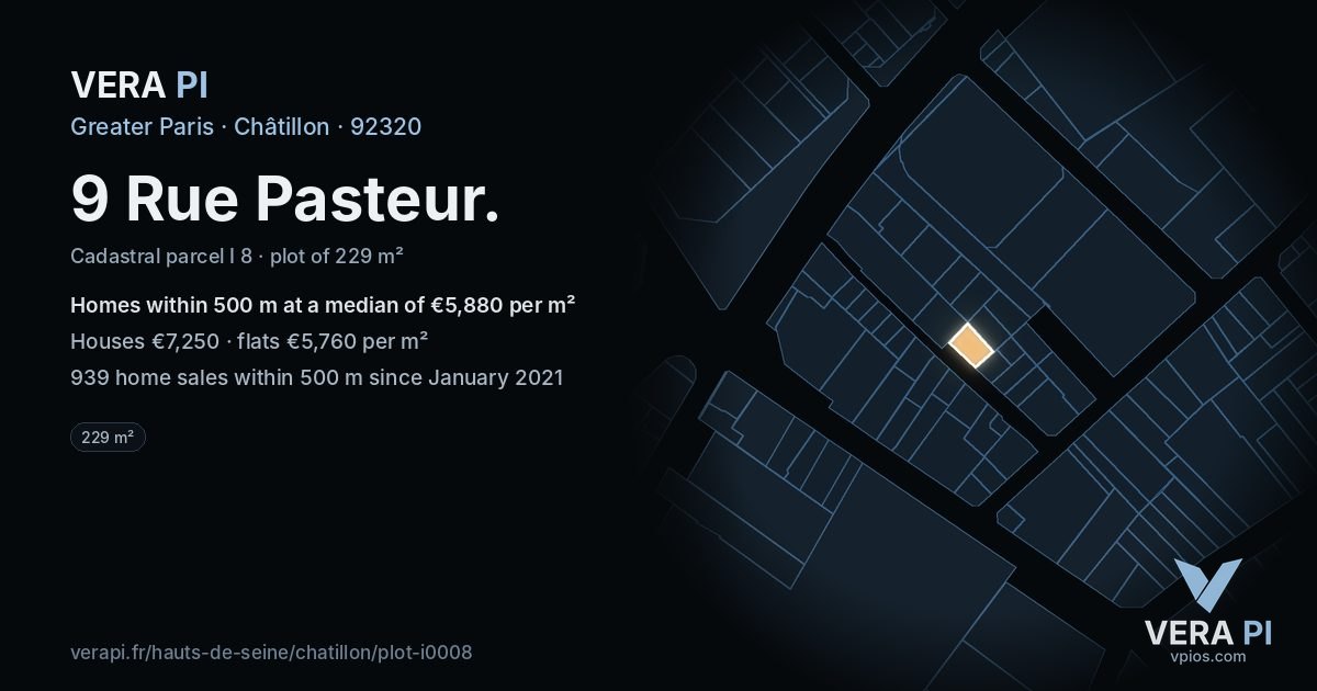 9 Rue Pasteur, Châtillon at night – the plot lit, the parcels around coloured by the prices near them