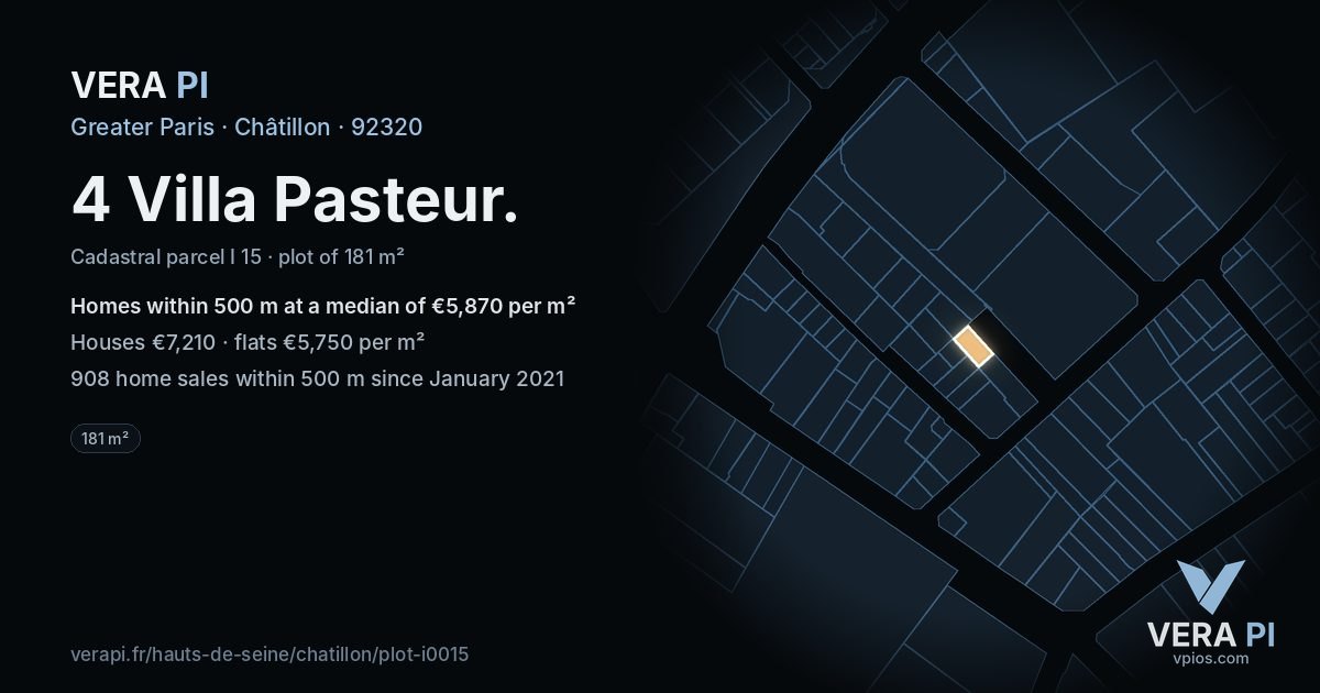 4 Villa Pasteur, Châtillon at night – the plot lit, the parcels around coloured by the prices near them