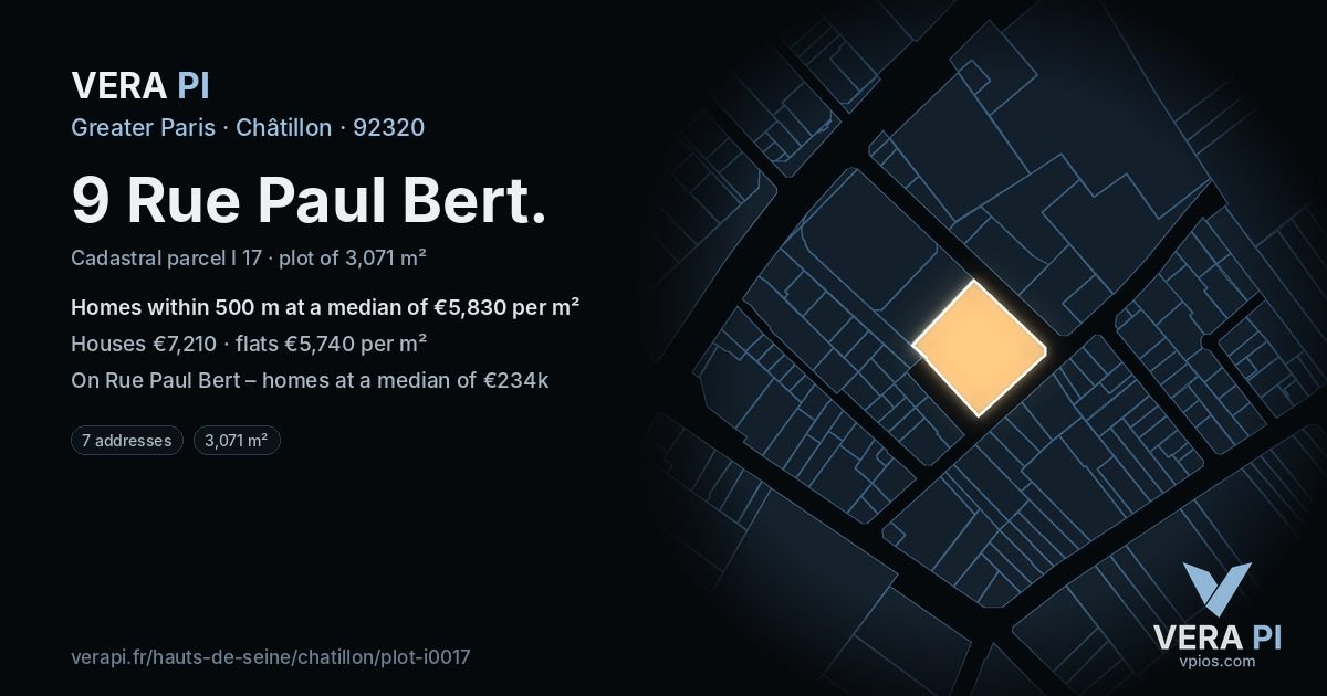 9 Rue Paul Bert, Châtillon at night – the plot lit, the parcels around coloured by the prices near them