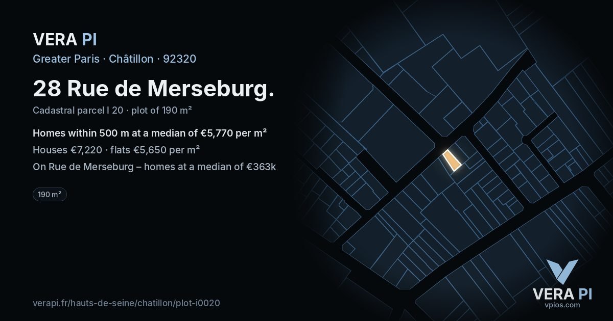 28 Rue de Merseburg, Châtillon at night – the plot lit, the parcels around coloured by the prices near them