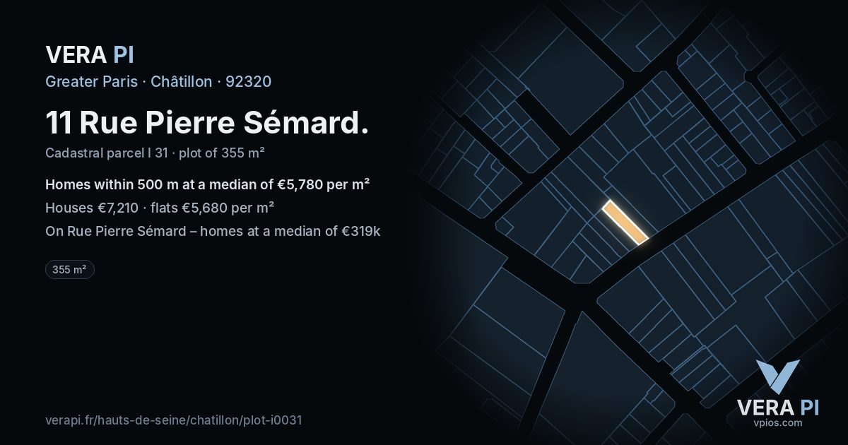 11 Rue Pierre Sémard, Châtillon at night – the plot lit, the parcels around coloured by the prices near them