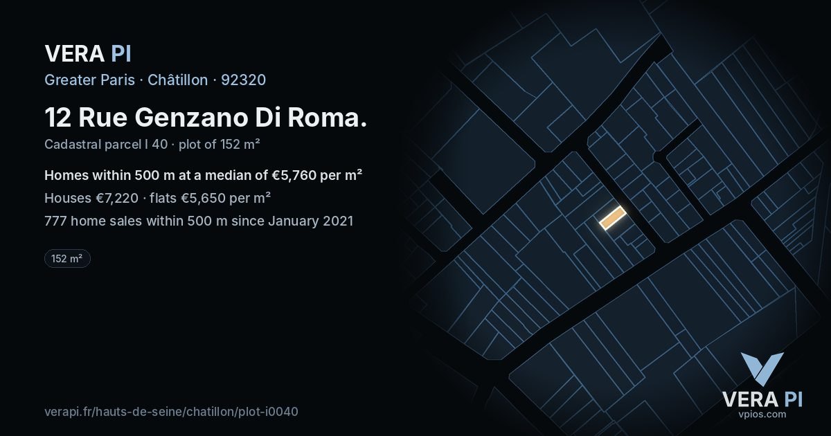 12 Rue Genzano Di Roma, Châtillon at night – the plot lit, the parcels around coloured by the prices near them