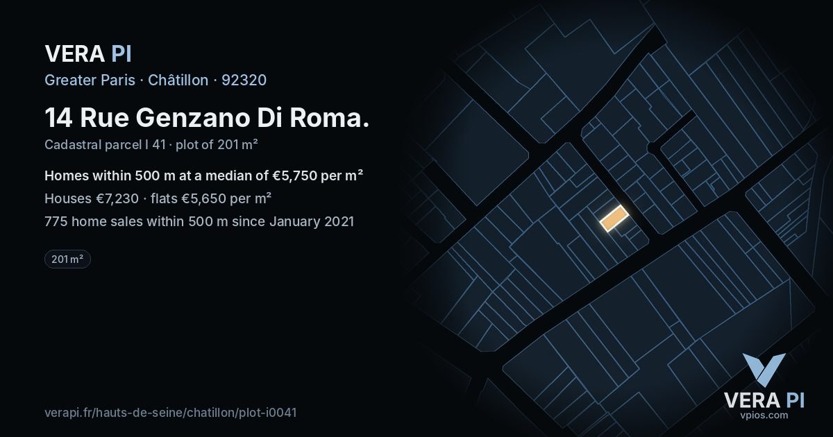 14 Rue Genzano Di Roma, Châtillon at night – the plot lit, the parcels around coloured by the prices near them