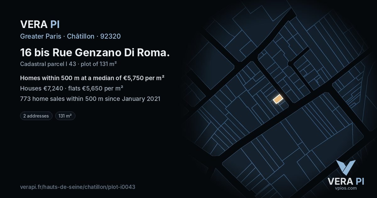 16 bis Rue Genzano Di Roma, Châtillon at night – the plot lit, the parcels around coloured by the prices near them