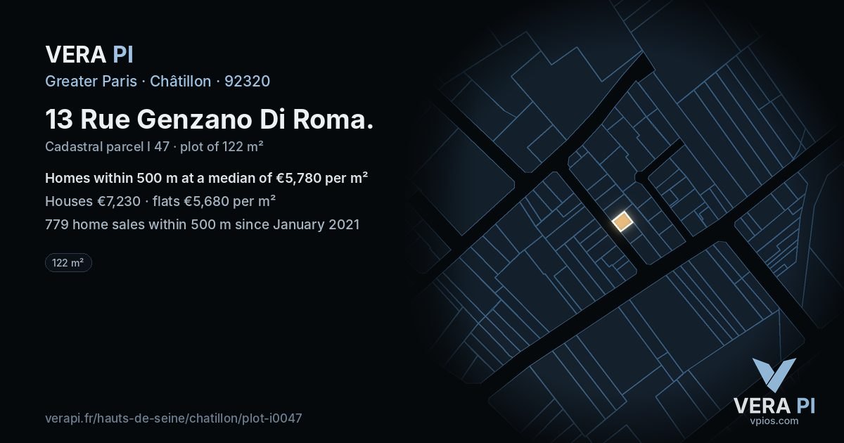 13 Rue Genzano Di Roma, Châtillon at night – the plot lit, the parcels around coloured by the prices near them
