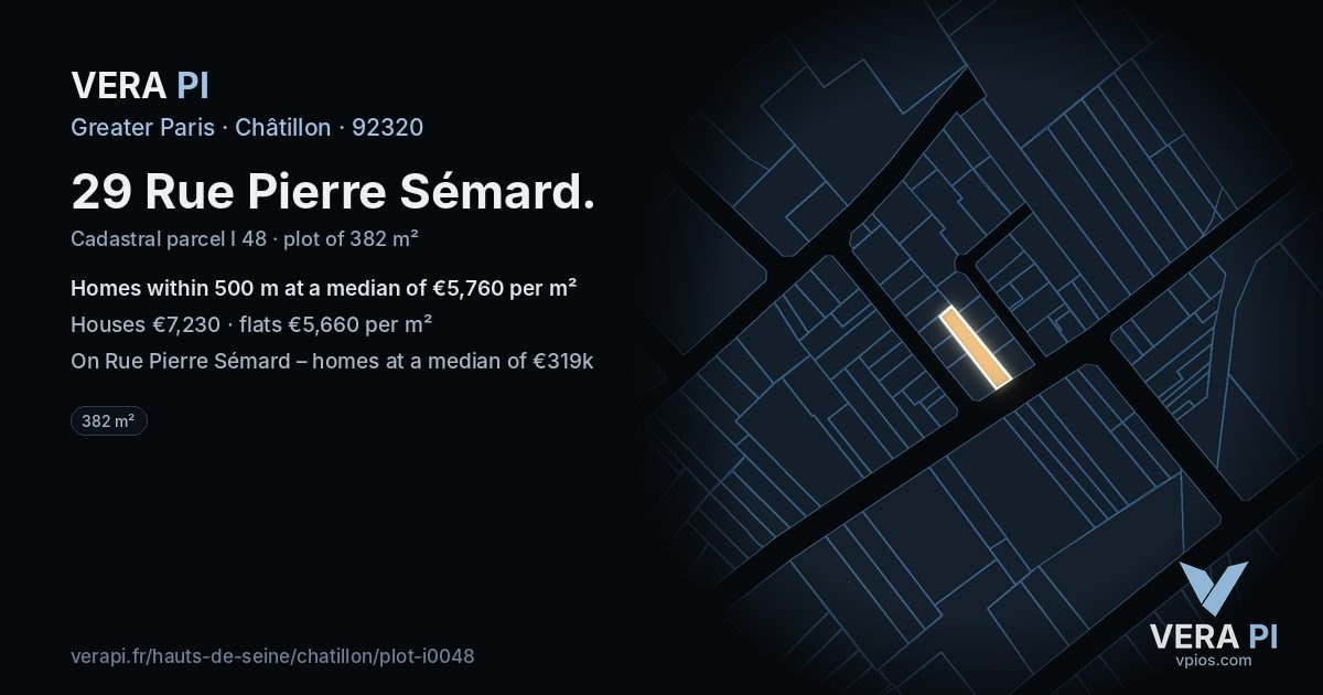 29 Rue Pierre Sémard, Châtillon at night – the plot lit, the parcels around coloured by the prices near them