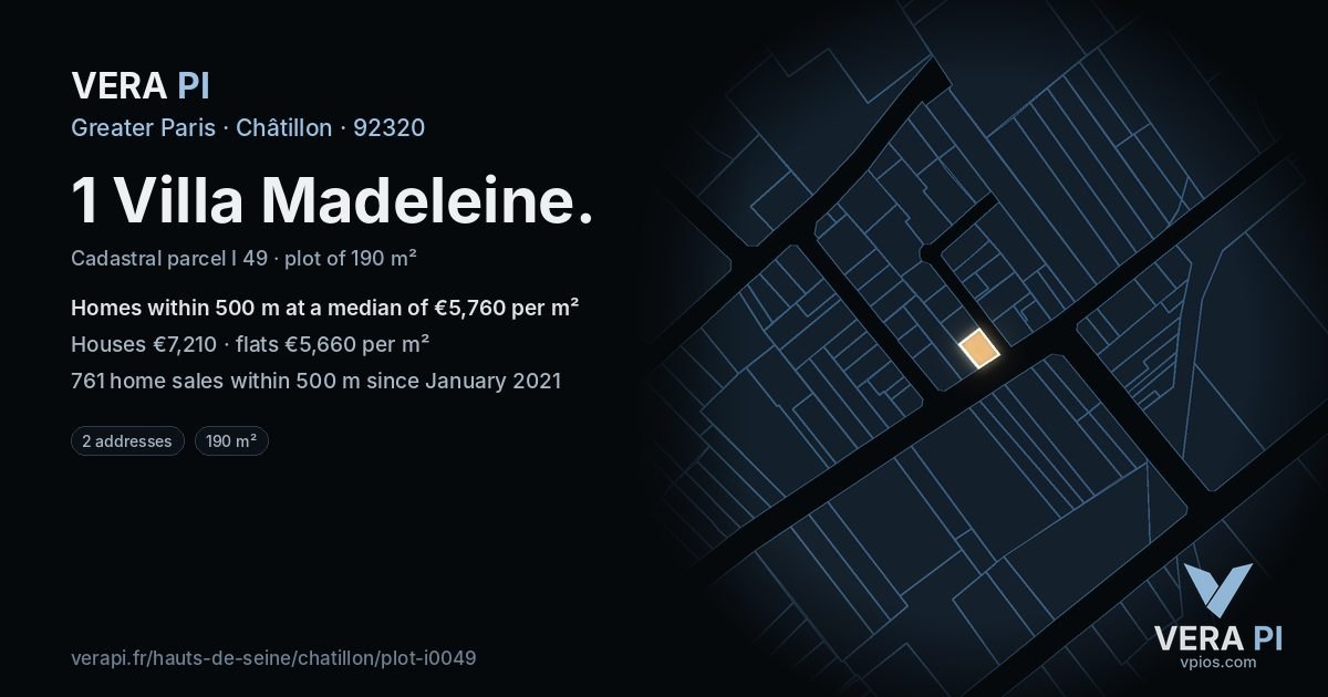 1 Villa Madeleine, Châtillon at night – the plot lit, the parcels around coloured by the prices near them