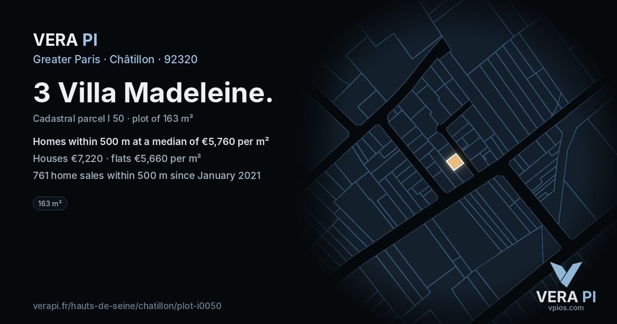 3 Villa Madeleine, Châtillon at night – the plot lit, the parcels around coloured by the prices near them