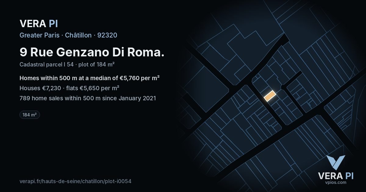9 Rue Genzano Di Roma, Châtillon at night – the plot lit, the parcels around coloured by the prices near them