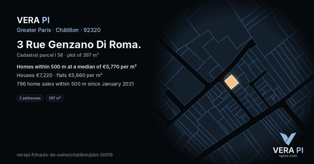 3 Rue Genzano Di Roma, Châtillon at night – the plot lit, the parcels around coloured by the prices near them