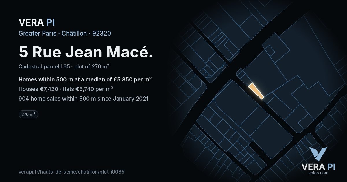 5 Rue Jean Macé, Châtillon at night – the plot lit, the parcels around coloured by the prices near them