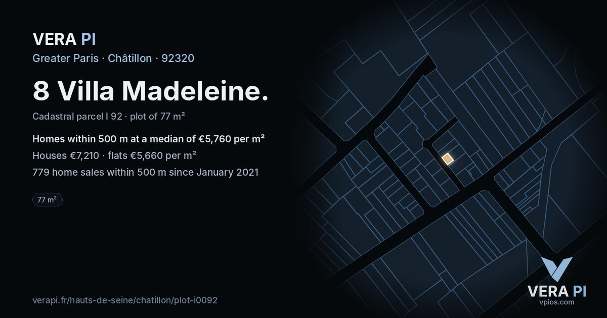 8 Villa Madeleine, Châtillon at night – the plot lit, the parcels around coloured by the prices near them