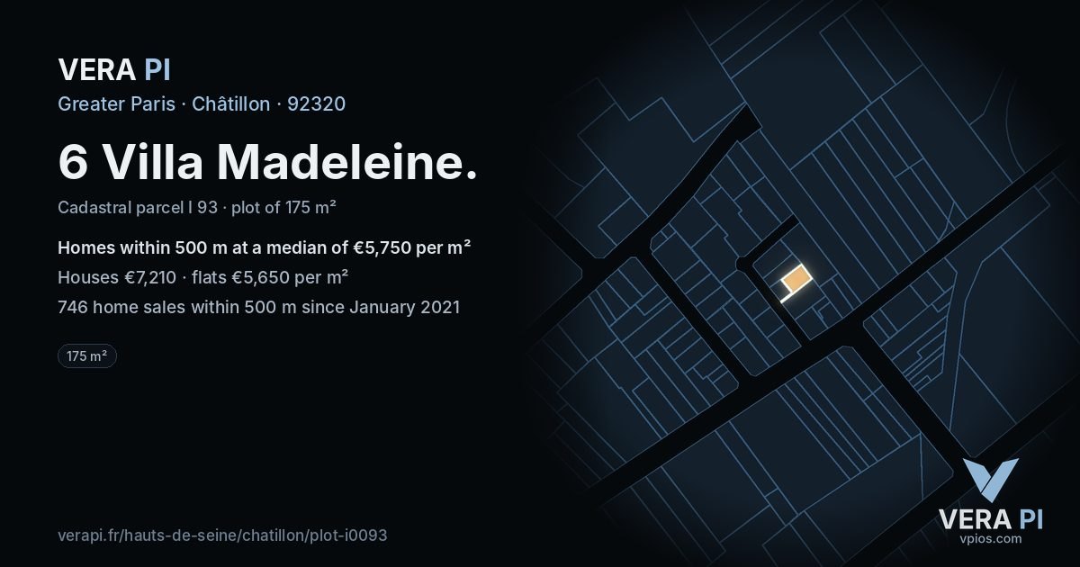 6 Villa Madeleine, Châtillon at night – the plot lit, the parcels around coloured by the prices near them