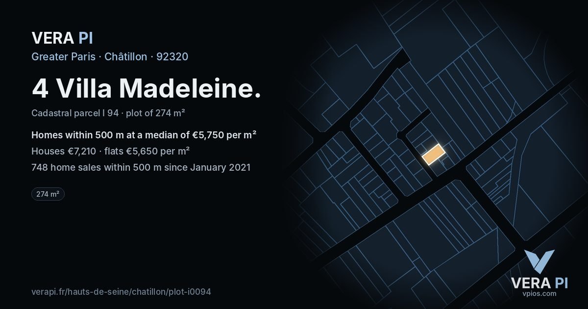 4 Villa Madeleine, Châtillon at night – the plot lit, the parcels around coloured by the prices near them