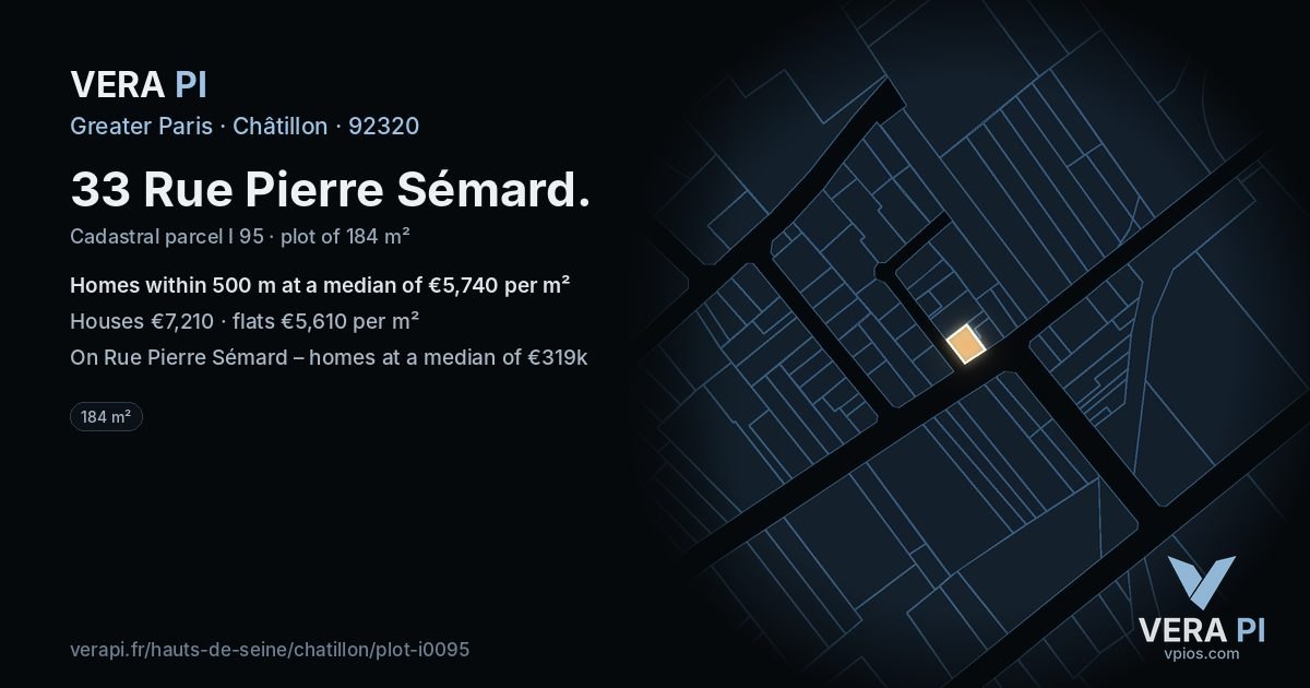 33 Rue Pierre Sémard, Châtillon at night – the plot lit, the parcels around coloured by the prices near them