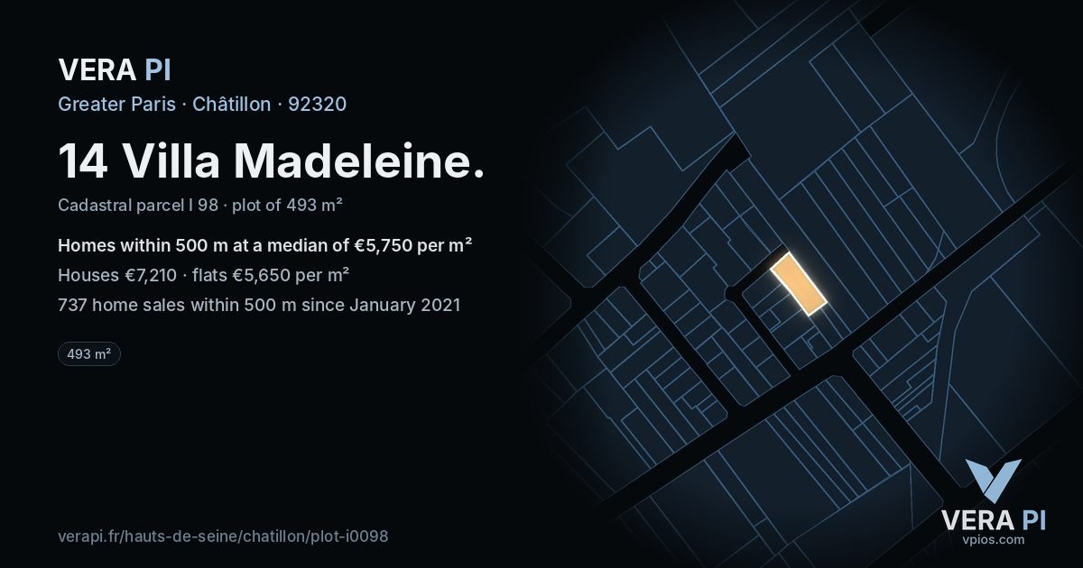 14 Villa Madeleine, Châtillon at night – the plot lit, the parcels around coloured by the prices near them